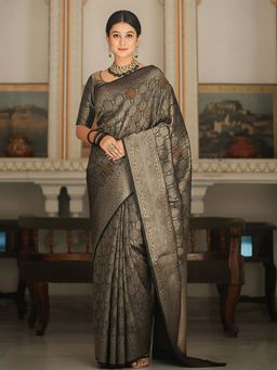 Anjaneya Sarees - Black Designer Banarasi Silk Kanjivaram Saree with Unstitched Blouse