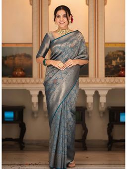 Anjaneya Sarees - Teal Designer Banarasi Silk Kanjivaram Saree with Unstitched Blouse