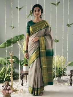 Anjaneya Sarees - Beige Designer Banarasi Silk Kanjivaram Saree with Unstitched Blouse