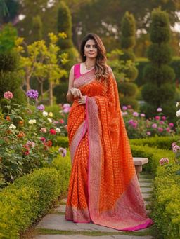 Anjaneya Sarees - Orange Banarasi Silk Kanjivaram Saree with Unstitched Blouse