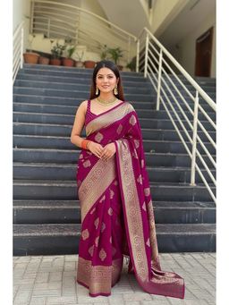 Anjaneya Sarees - Purple Banarasi Silk Kanjivaram Saree with Unstitched Blouse
