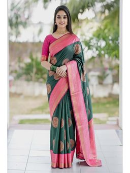 Anjaneya Sarees - Green Designer Banarasi Silk Kanjivaram Saree with Unstitched Blouse
