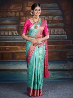 Anjaneya Sarees - Blue Designer Banarasi Silk Kanjivaram Saree with Unstitched Blouse