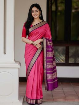 Anjaneya Sarees - Pink Designer Banarasi Silk Kanjivaram Saree with Unstitched Blouse