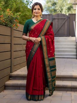 Anjaneya Sarees - Red Designer Banarasi Silk Kanjivaram Saree with Unstitched Blouse