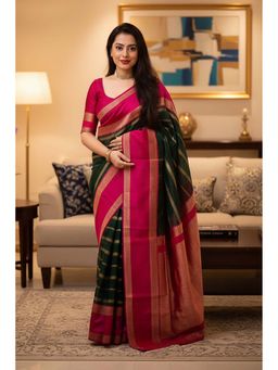 Anjaneya Sarees - Green Designer Banarasi Silk Kanjivaram Saree with Unstitched Blouse