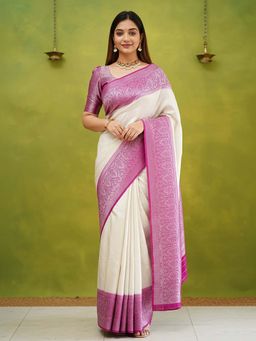 Anjaneya Sarees - White Designer Banarasi Silk Kanjivaram Saree with Unstitched Blouse