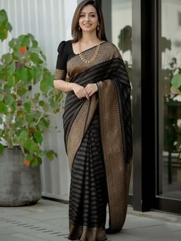 Anjaneya Sarees - Black Designer Banarasi Silk Kanjivaram Saree with Unstitched Blouse