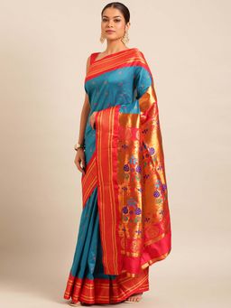 VARKALA SILK SAREES - Turquoise Soft Silk Maharani Paithani Saree with Unstitched Blouse