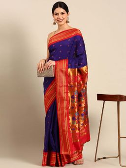 VARKALA SILK SAREES - Indigo Soft Silk Maharani Paithani Saree with Unstitched Blouse