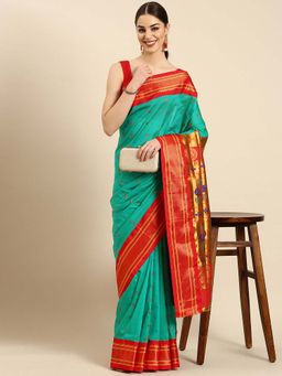 VARKALA SILK SAREES - Green Soft Silk Maharani Paithani Saree with Unstitched Blouse