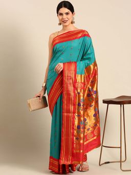 VARKALA SILK SAREES - Turquoise Soft Silk Maharani Paithani Saree with Unstitched Blouse