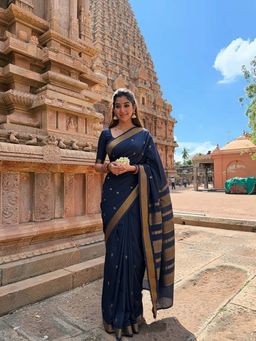 Anjaneya Sarees - Navy Blue Banarasi Silk Kanjivaram Saree with Unstitched Blouse