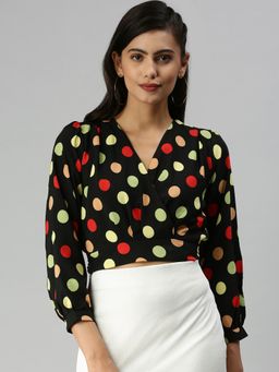 SHOWOFF - Women V-Neck Polka Dots Black Crop Top