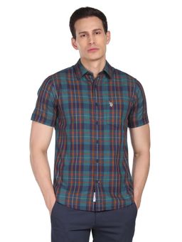 U.S. POLO ASSN. - Men Green Herringbone Weave Tailored Fit Casual Shirt