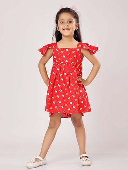 Piccolo Piglet - Girls Red Printed Dress with Shorts (Set of 2)