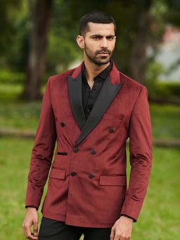 MR BUTTON - Maroon Double Breasted Slim Fit Velvet Blazer