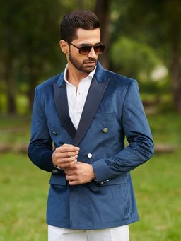 MR BUTTON - Blue Velvet Double Breasted Slim Fit Blazer