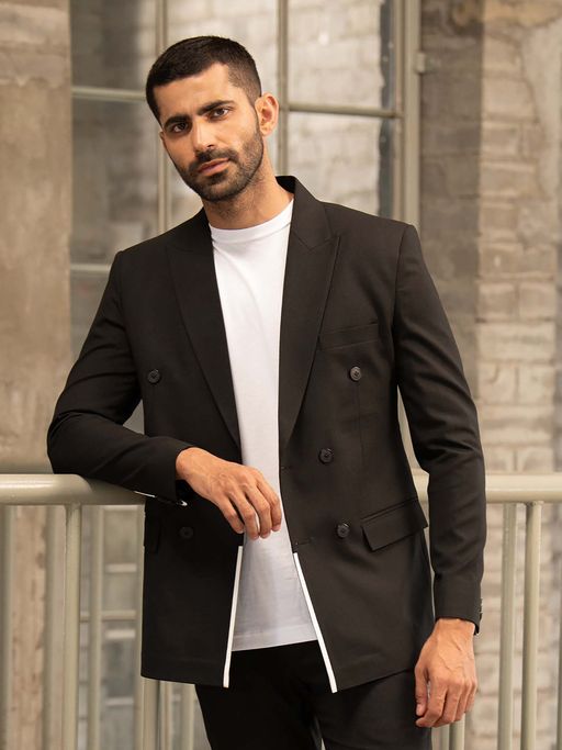 MR BUTTON Black Slim Fit Peaked Lapel Single Breasted Casual Blazer