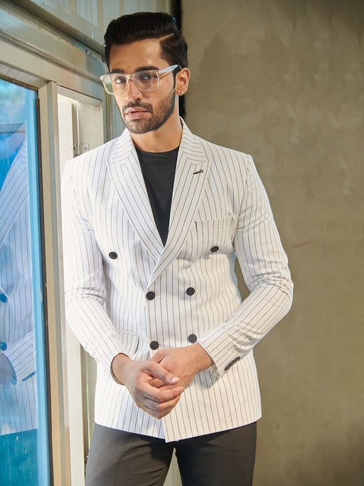 MR BUTTON White Striped Peaked Lapel Double Breasted Cotton Slim Fit Blazer