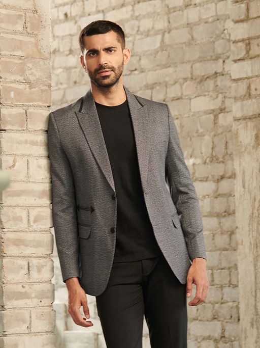 MR BUTTON Grey Textured Slim Fit Single Breasted Casual Blazer