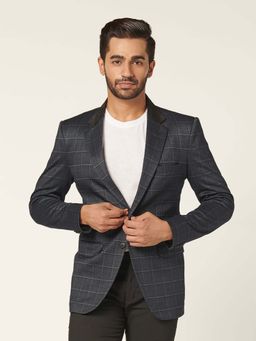 MR BUTTON - Grey Men Checked Slim Fit Single Breasted Blazer