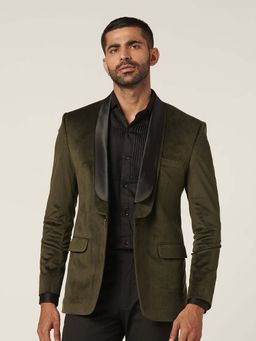 MR BUTTON - Green Slim Fit Velvet Tuxedo Blazer