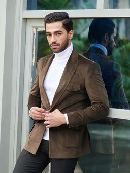 MR BUTTON - Brown Slim Fit Velvet Tuxedo Blazer