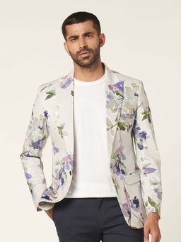 MR BUTTON - Grey Floral Printed Slim Fit Velvet Blazer
