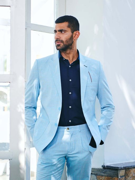 MR BUTTON Blue Checked Slim Fit Single Breasted Casual Blazer