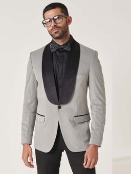 MR BUTTON - Grey Slim Fit Single Breasted Velvet Tuxedo Blazer