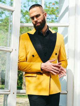 MR BUTTON - Yellow Slim Fit Double Breasted Velvet Blazer