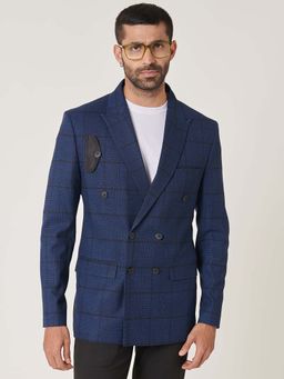 MR BUTTON - Blue Checked Peaked Lapel Double Breasted Casual Blazer