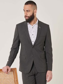 MR BUTTON - Black Striped Slim Fit Single Breasted Blazer