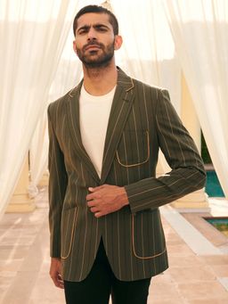 MR BUTTON - Green Striped Notched Lapel Single Breasted Blazer