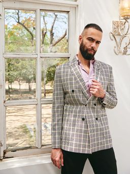 MR BUTTON - White Checked Slim Fit Peaked Lapel Double Breasted Blazer