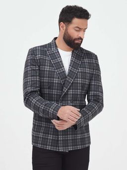 MR BUTTON - Grey Checked Slim Fit Double Breasted Semiformal Blazer