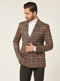 MR BUTTON - Brown Men Checked Double Breasted Slim Fit Blazer