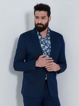 MR BUTTON - Men Blue Solid Formal Blazer