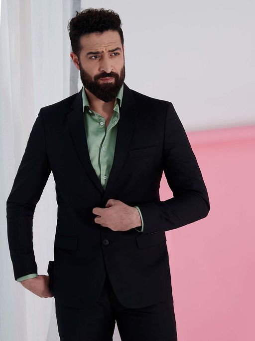 MR BUTTON Black Slim Fit Single Breasted Formal Blazer