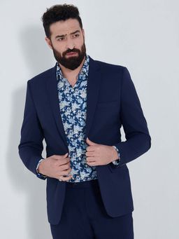 MR BUTTON - Men Navy Blue Solid Slim Fit Single Breasted Blazer