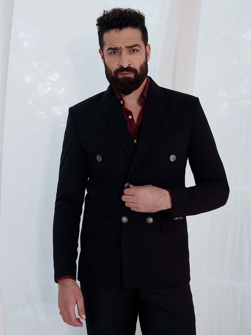MR BUTTON Men Black Solid Double Breasted Blazer