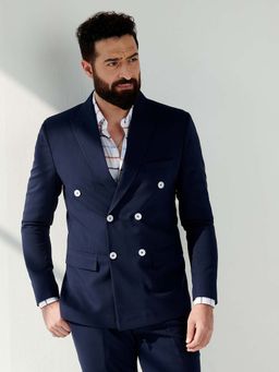 MR BUTTON - Men Blue Solid Slim Fit Double Breasted Formal Blazer