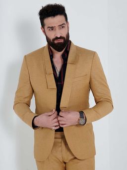 MR BUTTON - Men Beige Solid Slim Fit Single Breasted Formal Blazer