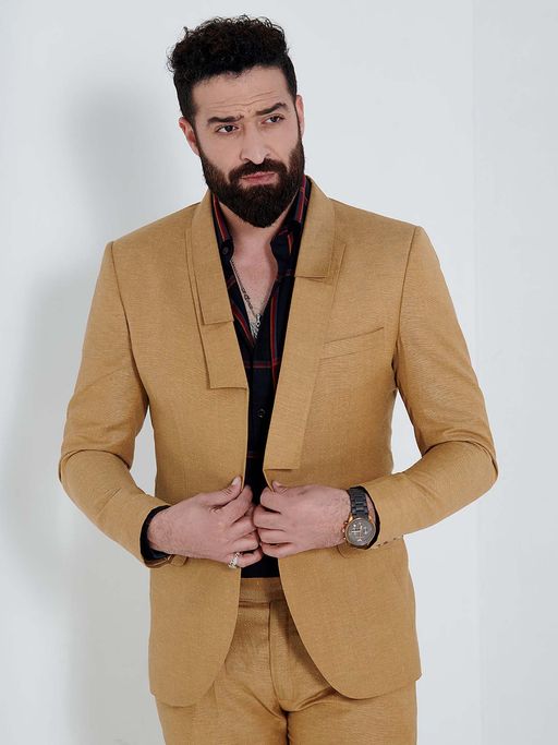 MR BUTTON Men Beige Solid Slim Fit Single Breasted Formal Blazer
