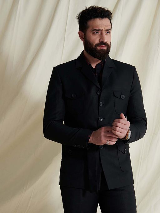 MR BUTTON Black Men Cotton Linen Slim Fit Single Breasted Blazer