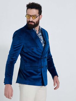 MR BUTTON - Men Blue Solid Double Breasted Velvet Blazer
