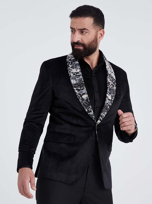 MR BUTTON Men Black Printed Single Breasted Slim Fit Velvet Blazer