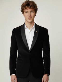 MR BUTTON - Men Black Solid Single Breasted Slim Fit Velvet Blazer