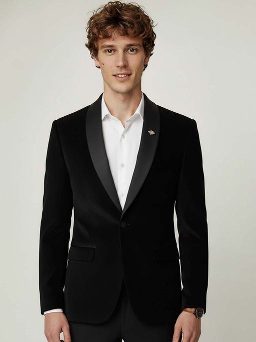MR BUTTON Men Black Solid Single Breasted Slim Fit Velvet Blazer